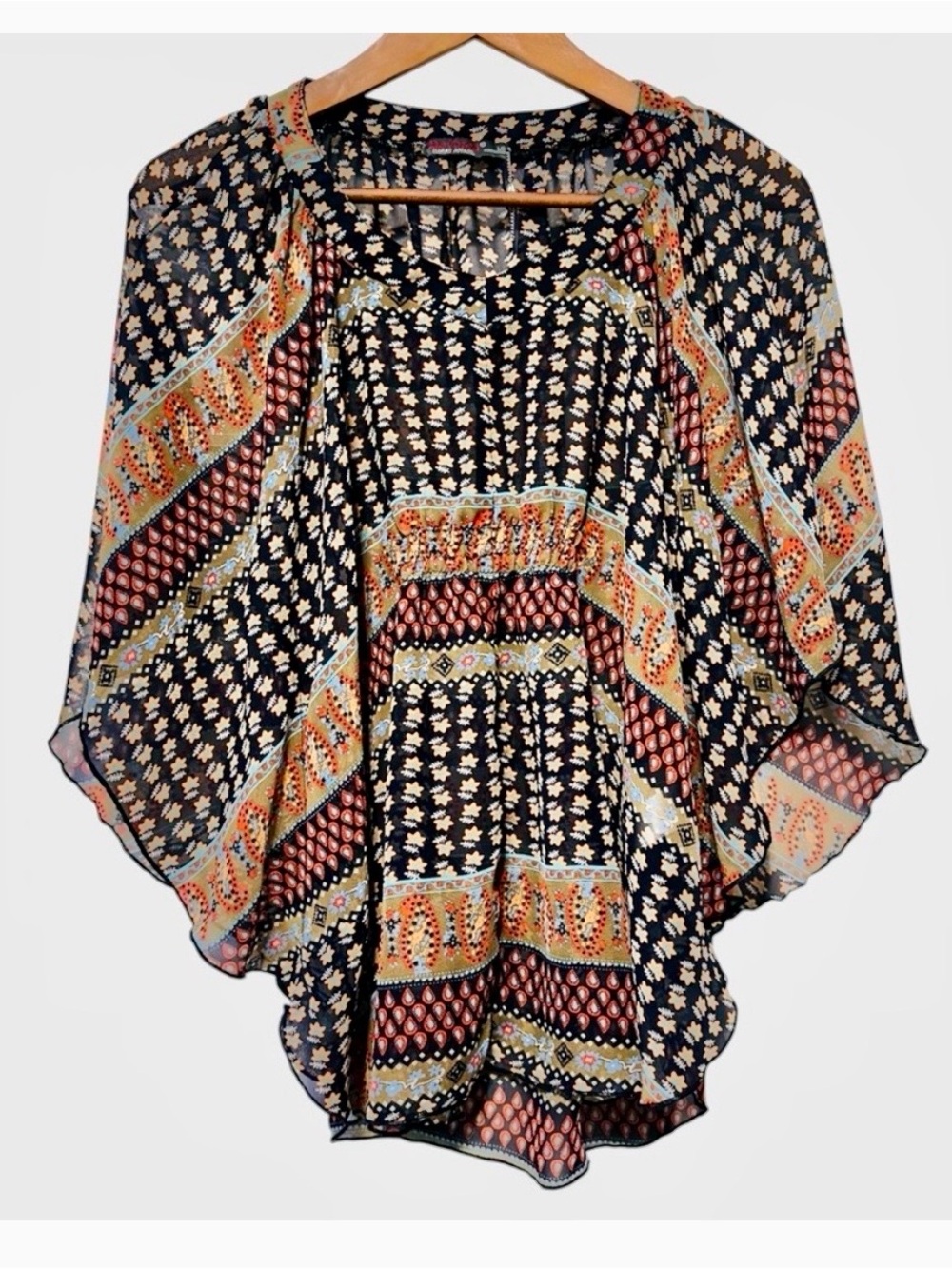 Sheer Boho Paisley Blouse Autumn Eclectic Earthy Kimono Topper Layering Top L